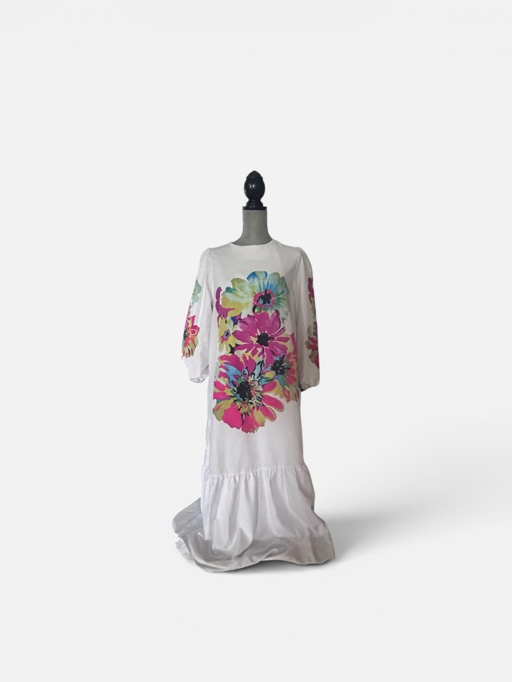 White Floral Maxi Dress with Pink & Green Blooms